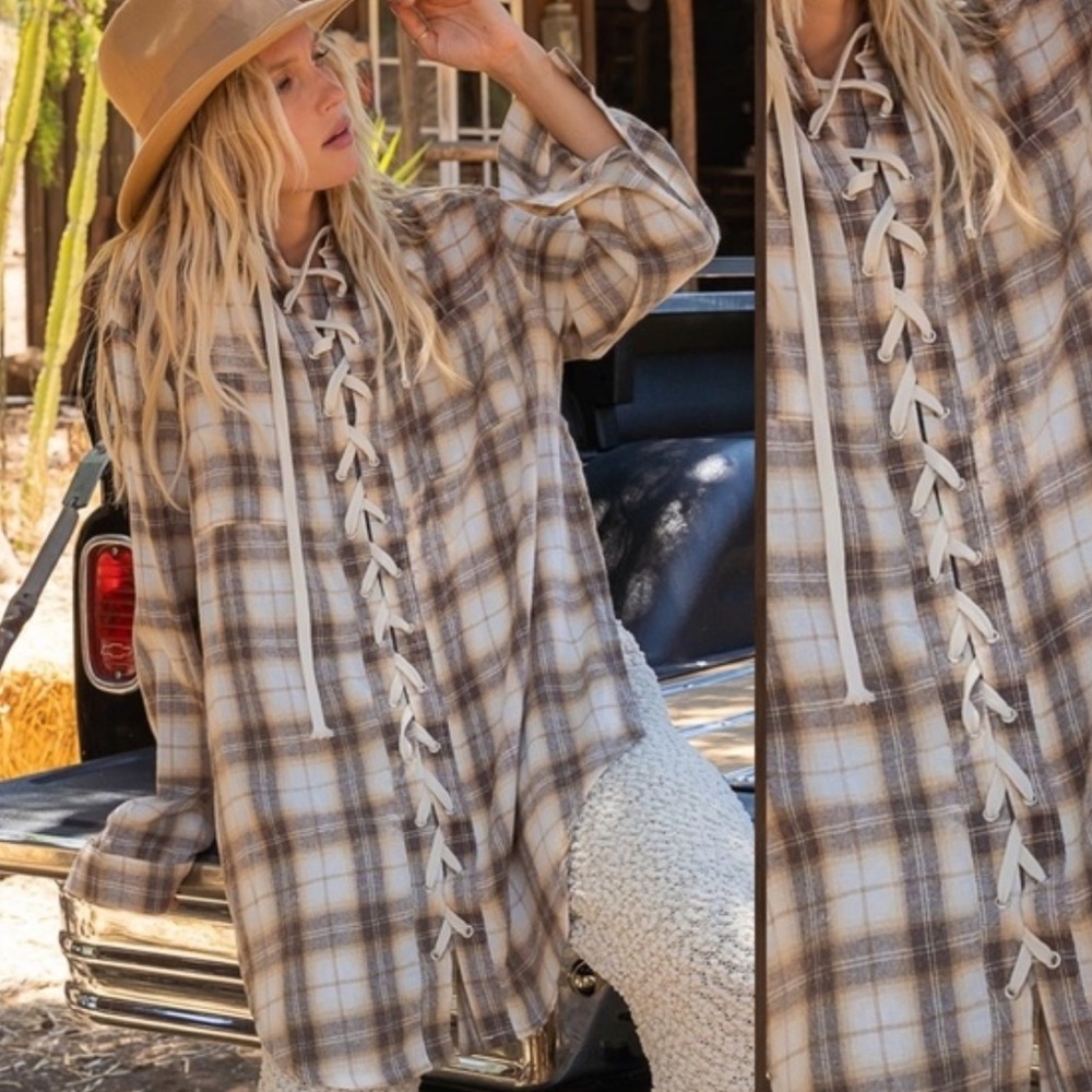 973. POL Plaid Lace-Up Shirt Tunic, western boho festival - Picture 8 of 9